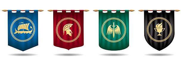 Ancient Greek flags. Galley warrior helmet sword fire bowl flag set isolated vector illustration