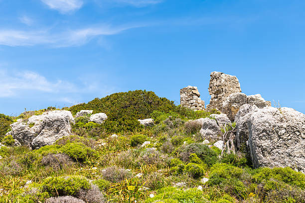istock Stacked rocks stack ancient ruins at hiking trail footpath on hill to Greek Drakano tower on Ikaria island, Greece 2224918979