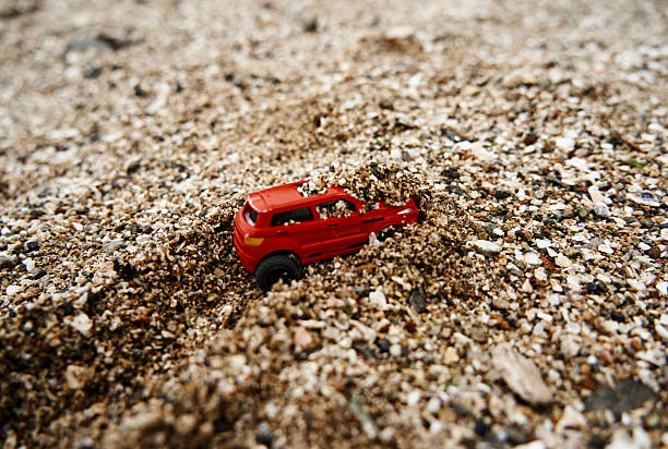 Summer Travel Car on Beach with Huge Rock. 3d render.