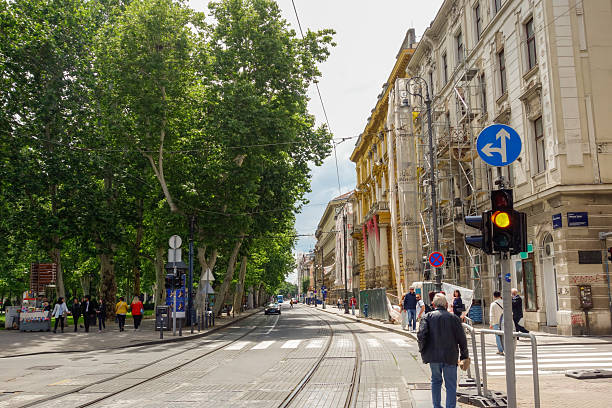 Zagreb, Croatia - May 17, 2025: ancient buildings and tram lines in old town.