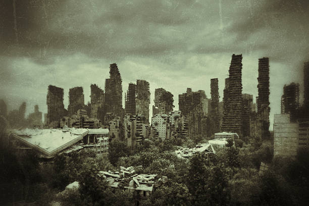 Depiction of a post-apocalyptic city landscape with dilapidated skyscrapers and abandoned buildings. The scene conveys a sense of desolation and urban dystopia under a moody sky, ideal for themes around environmental degradation, futuristic narratives, or disaster recovery scenarios.