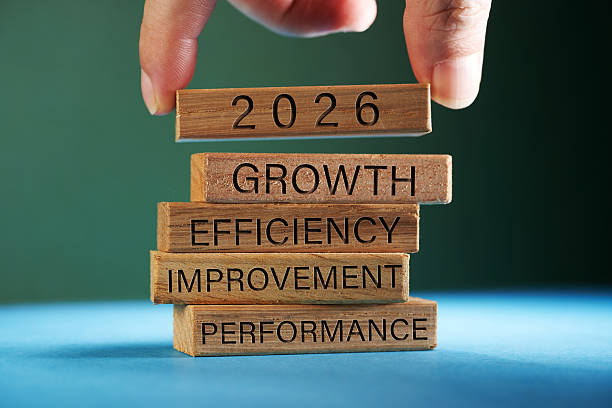 istock Business management related words growth, efficiency,improvement and performance on wooden blocks 2224923244