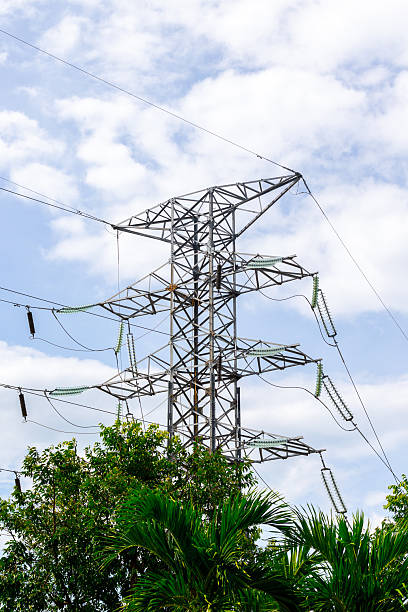 istock Electricity transmission tower amidst lush greenery under blue sky 2224923872