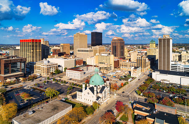 istock Dayton, Ohio Downtown Aerial With Puffy Clouds 2224924416