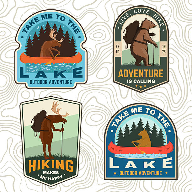 Take me to the lake and hiking makes me happy camping quote. Vector. Patches design with hiking moose and bear. Outdoor adventure