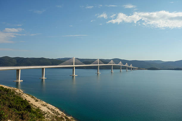 Peljesac Bridge, a cable stayed bridge in Dubrovnik Neretva County, Croatia. panoramic.