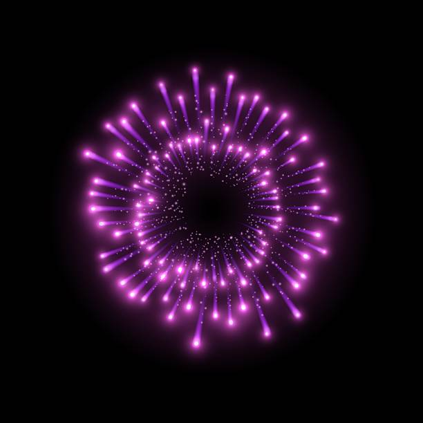 istock Fireworks salute with pink shining sparks, vector purple explosion festive firecracker salute, pyrotechnic rocket fire 2224927648