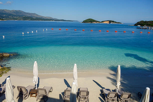 empty beach during spring season on Albanian riviera. Ksamil city