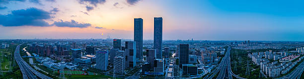 istock Panoramic aerial view of Shanghai Zhangjiang Hi Tech Development Zone at sunset, with beautiful flame clouds. 2224952971
