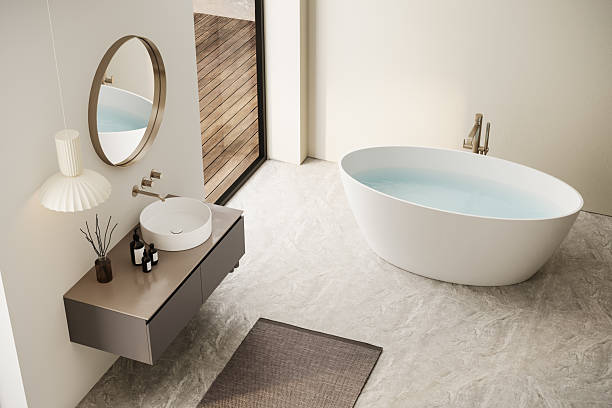 istock Elegant Japandi bathroom with earthy vases, delicate decor, and a floating vanity in front of full-height windows. A serene outdoor view with a private garden completes the peaceful atmosphere. 3D visualization. 2224954580