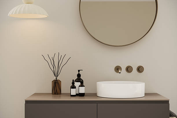 Bright and elegant bathroom interior blending modern Japandi elements with natural textures. Floor-to-ceiling windows bring in lush greenery and soft light, creating a luxurious spa-like ambiance. 3D rendered scene.