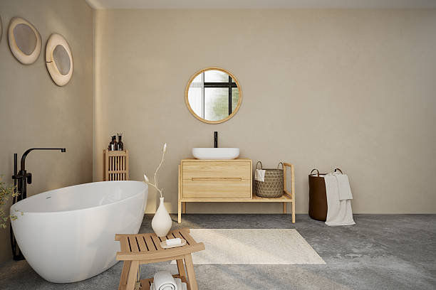 istock Modern minimalist bathroom interior, modern bathroom cabinet, white sink, wooden vanity, interior plants, bathroom accessories, bathtub , beige walls, granite floor, vases. 3d rendering 2224954706