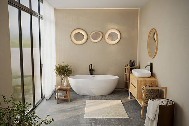 istock Modern minimalist bathroom interior, modern bathroom cabinet, white sink, wooden vanity, interior plants, bathroom accessories, bathtub , beige walls, granite floor, vases. 3d rendering 2224954707