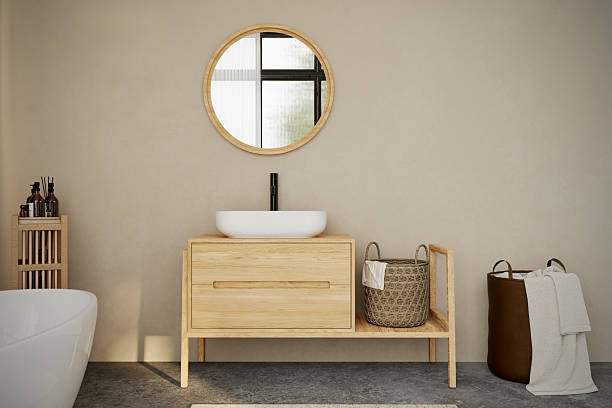 istock Modern minimalist bathroom interior, modern bathroom cabinet, white sink, wooden vanity, interior plants, bathroom accessories, bathtub , beige walls, granite floor, vases. 3d rendering 2224954709