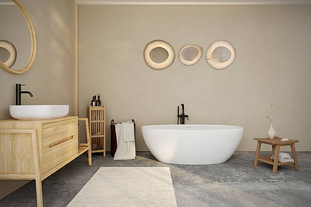 istock Modern minimalist bathroom interior, modern bathroom cabinet, white sink, wooden vanity, interior plants, bathroom accessories, bathtub , beige walls, granite floor, vases. 3d rendering 2224954742