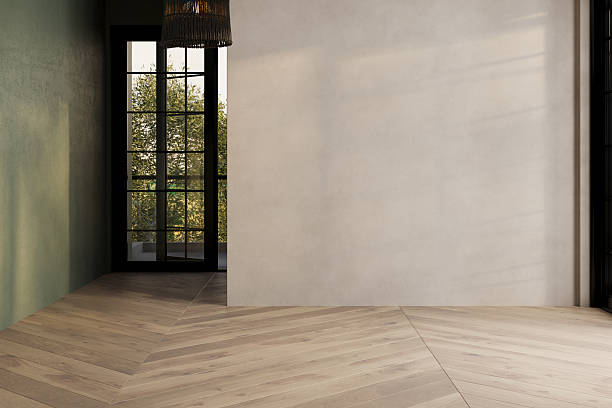 istock Modern contemporary empty room yard view 3d render overlooking the living room behind the room has concrete floors, beige and green walls for copy space, sunlight enter the room. 2224955019