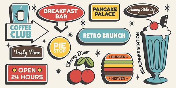 Retro sticker set. Diner signs with coffee, brunch, burgers and desserts. Food and cafe labels in mid century 50s style. Vector illustration in vintage palette