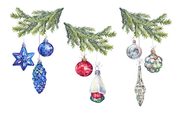 istock Watercolor set with red and blue shiny decoration ball and home and Christmas tree branch isolated on white background. Toy for New Year party celebration. Clipart for wallpaper and wrapping 2224979980