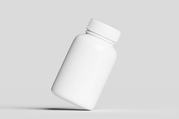 istock plain white plastic bottle with screw cap, displayed on a neutral grey background, ideal for product mockups or healthcare related uses. 2224993833