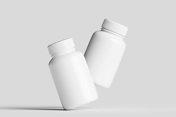 istock plain white plastic bottle with screw cap, displayed on a neutral grey background, ideal for product mockups or healthcare related uses. 2224993836