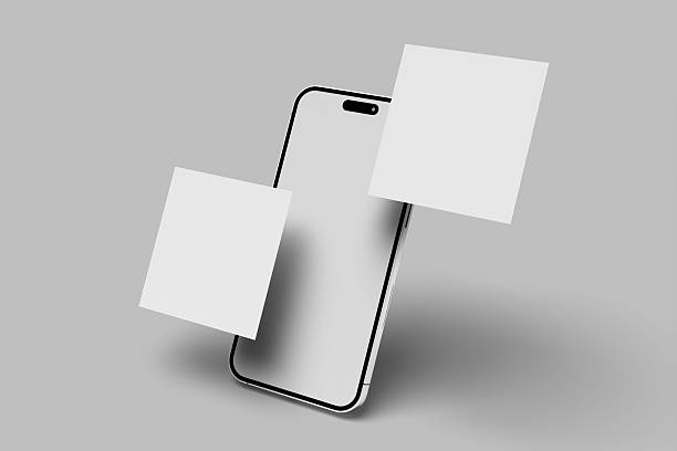 istock 3d render of Modern smartphone mockup with a blank screen on overlapping gray and white tiles, ideal for social media content. 2224993975