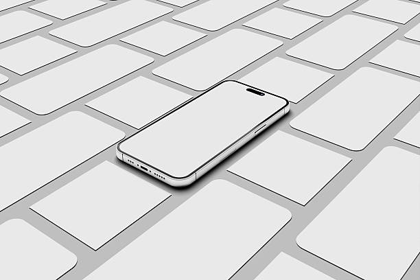 istock 3d render of Modern smartphone mockup with a blank screen on overlapping gray and white tiles, ideal for social media content. 2224993976