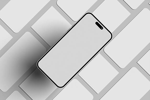 3d render of Modern smartphone mockup with a blank screen on overlapping gray and white tiles, ideal for social media content.