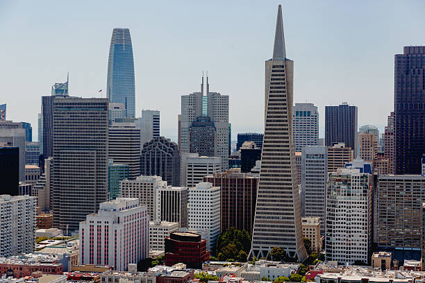Downtown San Francisco California City Skyscraper Buildings with clear skies. Shot with copy space available for logos or text.