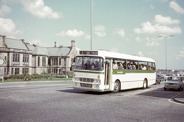 Scotland, UK - 1973: Vintage image of a Leyland Leopard PSU3/3R bus in Dunfermline.  Owned by Scottish Omnibuses, registration number YSC 427K, built 1972.