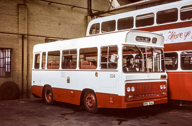 Scotland, UK - 1973: Vintage image of a Seddon Pennine 4 bus in a bus depot.  Owned by Edinburgh Corporation Transport, registration number BWS 104L, built 1973.