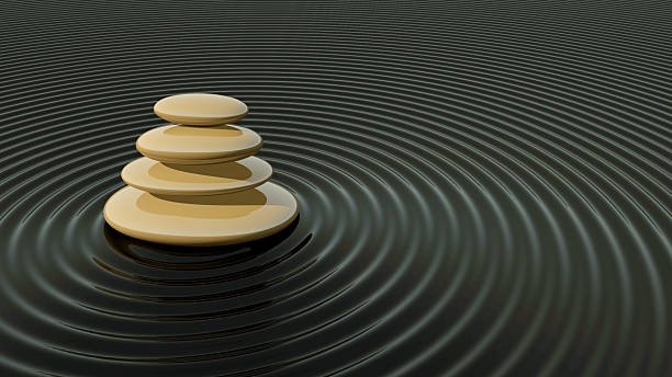 A tranquil scene featuring a stack of perfectly balanced Zen stones at the center of concentric ripples in either water or sand. This 3D illustration is a powerful symbol of balance, harmony, mindfulness, and stability. It is an ideal background for content related to meditation, yoga, spa treatments, and mental wellbeing, evoking a profound sense of peace and calm.