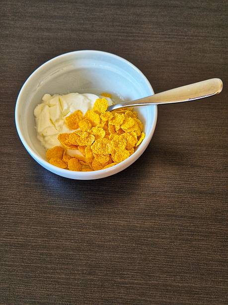 yogurt with cereal in a bowl. close-up delicious breakfast