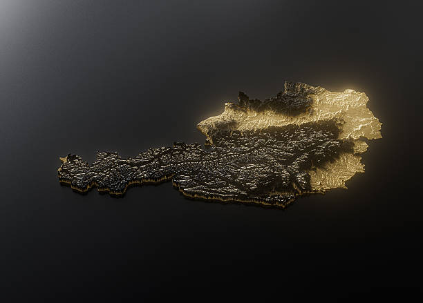 Austria Map Golden Metallic Texture Map Gold Reserves And Gold Mining Concept 3D Illustration\nSource Map Data: tangrams.github.io/heightmapper/,\nSoftware Cinema 4d