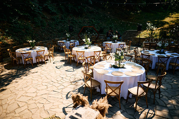 The wedding arch in a pine forest on background of tall trees and sky.