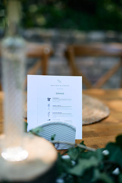 istock Drinks menu standing on a wooden table at an outdoor wedding reception 2225009931