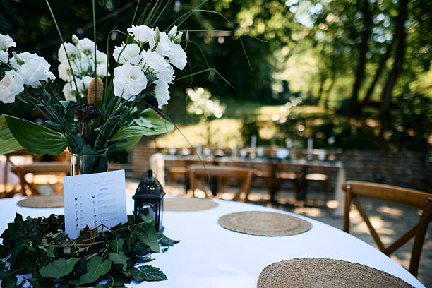 istock Elegant white flowers centerpiece on a wedding table setting in a garden 2225009998