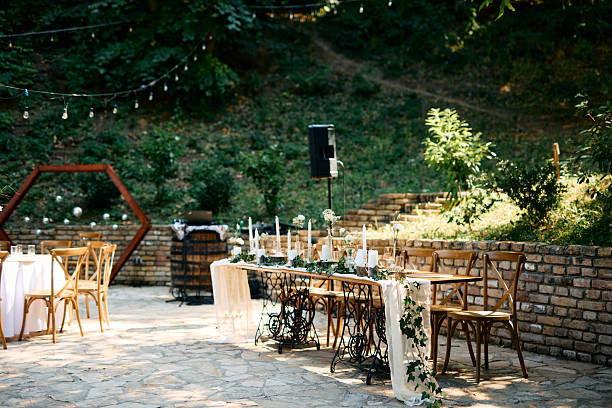 istock Wedding reception table decorated with greenery and candles in a beautiful outdoor setting 2225010714