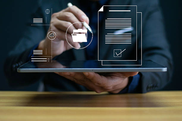 istock Document management system for business, secure online folders and file sharing with cloud access, efficient team communication and data security, online database. 2225011215