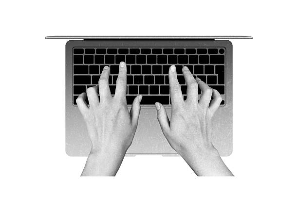 Human hands work typing on a laptop. Concept of creating an online project, working with financial analytics, earning virtual money. Freelancer work.