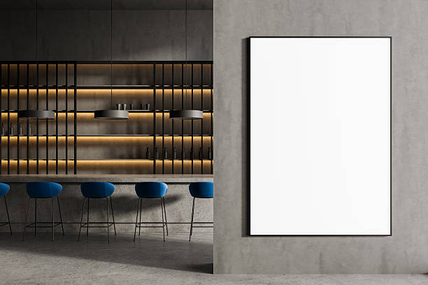 istock Blank poster mockup on modern concrete wall in stylish bar interior with blue stools and shelves with warm lighting for advertising display concept. 3D Rendering 2225012101