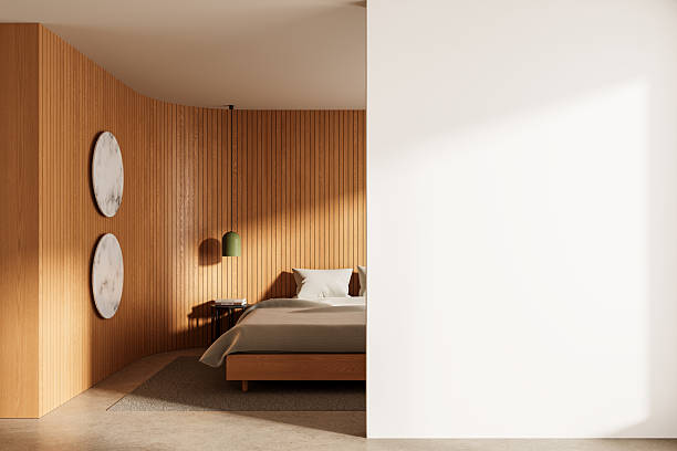 istock Modern interior bedroom mockup with blank white wall for poster design or layout template in natural wood setting and soft sunlight concept. 3D Rendering 2225012219