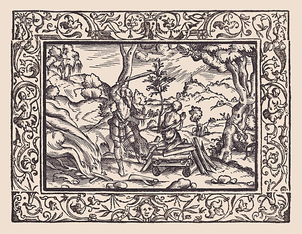 Abraham sacrifices Isaac (Genesis 22, 1-19), wood engraving, published 1607 Abraham sacrifices Isaac (Genesis 22, 1 - 19). Restored original woodcut from the book "Biblia Germanica" by Martin Luther (German protestant Theologian, 1483 - 1546), published by Wolfgang Meissner in Wittenberg (Germany) in 1607. father abraham stock illustrations
