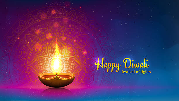 istock Happy diwali vector greeting card. Festive diwali card. Banner, poster design template with lamp, golden lights. Blue magenta colorful background, mandala. Vector holiday illustration 2225015525