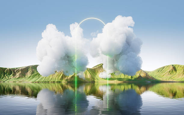 Landforms and smoke over the lake in the nature, 3d rendering.