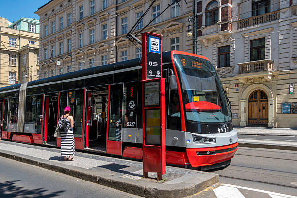 Prague, Czech Republic - July 2, 2025: A modern tram stop on an centric avenue