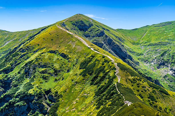 Steep mountain ridge covered with bright green grass and a rocky hiking path winding along the top under clear blue sky in the Tatra Mountains near Zakopane.