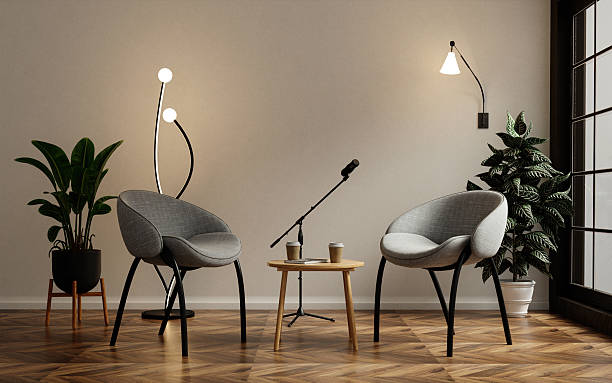 istock Podcast interior design featuring modern chairs and acoustic elements. 3D render illustration 2225030656