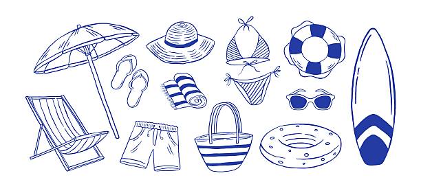 Hand-drawn summer beach accessories and activity vector illustration. Doodle icons of surfboards, chairs, umbrellas, bikinis, swimwear, sun hats, inflatables, and lifebuoys. Vacation set.