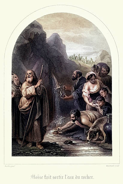 Vintage engraving of showing a scene from the Old Testament, Moses brought out water from the rock. 1846