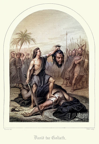 Vintage engraving of showing a scene from the Old Testament, David and Goliath. 1846